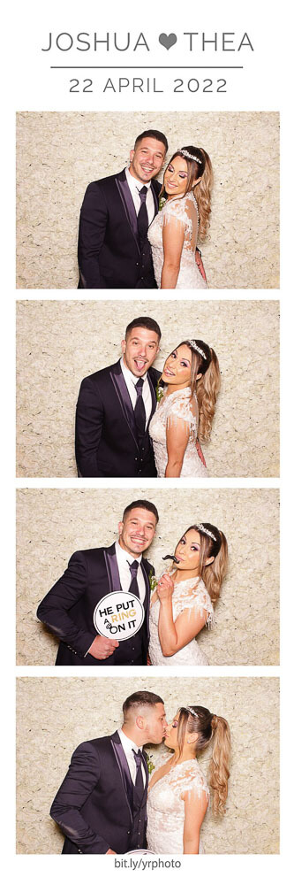 photo booth photo strip with flower wall and cute couple posing