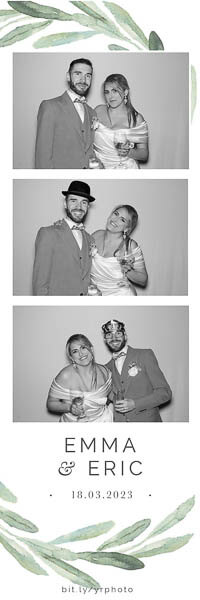 bride and groom posing in a black and white glam photo strip