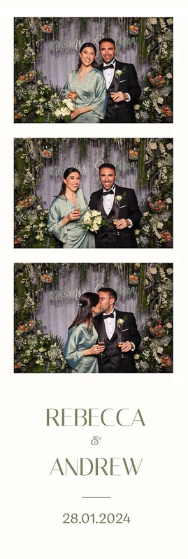 A photo booth strip from a vintage photobooth with a bespoke floral arch backdrop