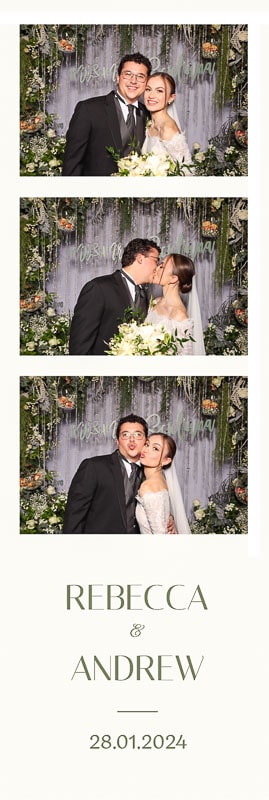 A photo booth strip from a vintage photobooth with a bespoke floral arch backdrop