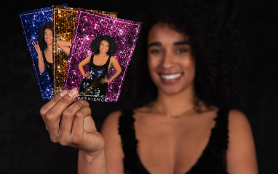 a woman displaying 3 photo booth prints