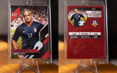 front and back views of a football trading card created in a photo booth