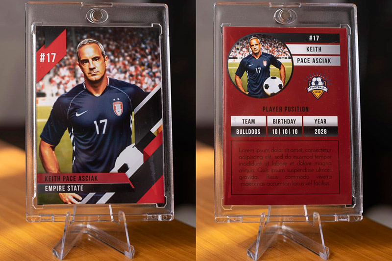 front and back views of a football trading card created in a photo booth
