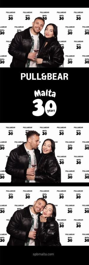 pull-and-bear-malta-30th-anniversary-guests-photo-strip-6 Photo strip of a couple in black outfits posing affectionately, smiling and leaning into each other.
