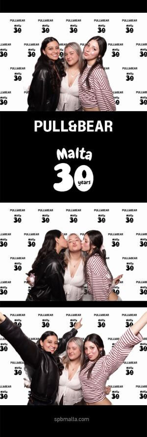pull-and-bear-malta-30th-anniversary-guests-photo-strip-5 Photo strip of three women posing together, smiling, kissing cheeks, and raising their arms in celebration.