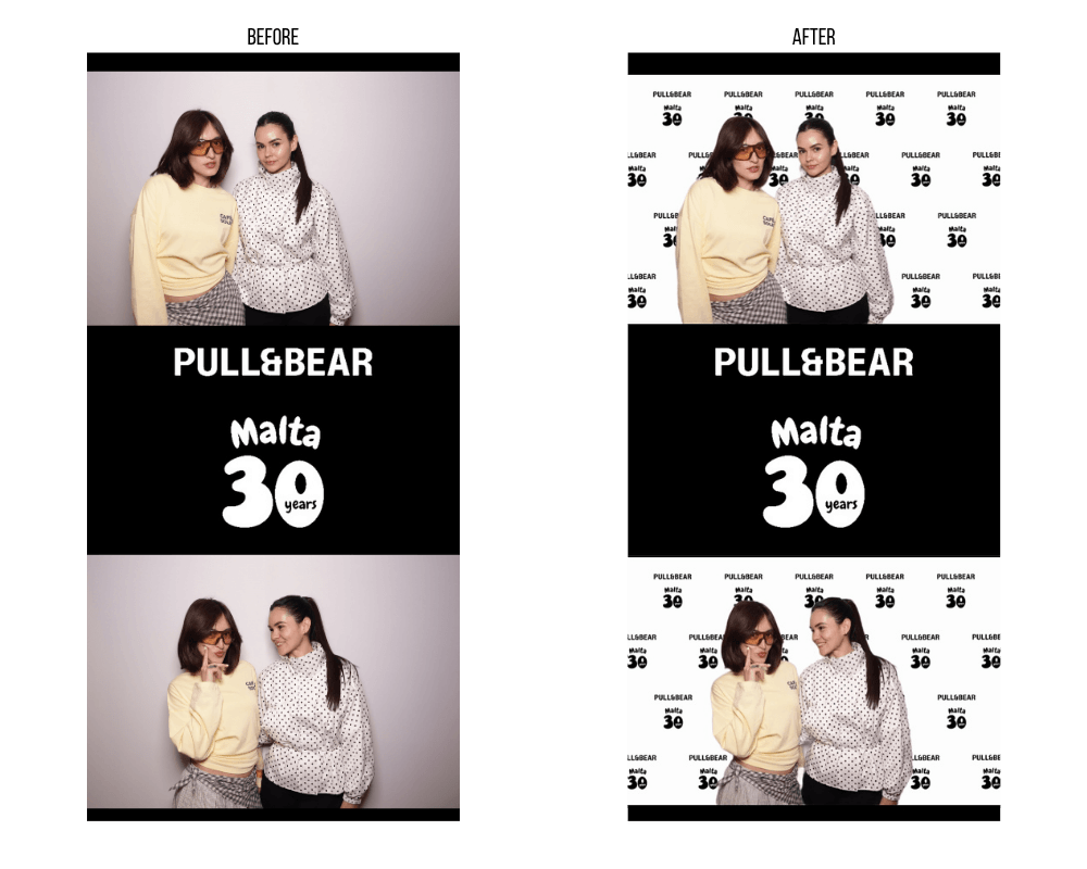 pull-and-bear-malta-30th-anniversary-photo-booth-branded-after-edit Before and after photo booth image showing plain background edited into Pull&Bear Malta 30 years branded backdrop.