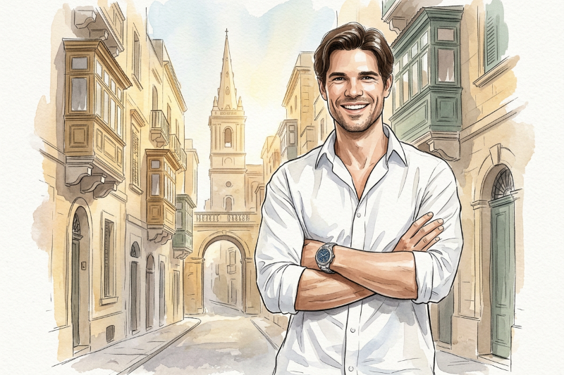 Watercolor fashion illustration of a subject standing in front of Valletta’s golden limestone waterfront, with soft Mediterranean light and painterly unfinished paper edges.