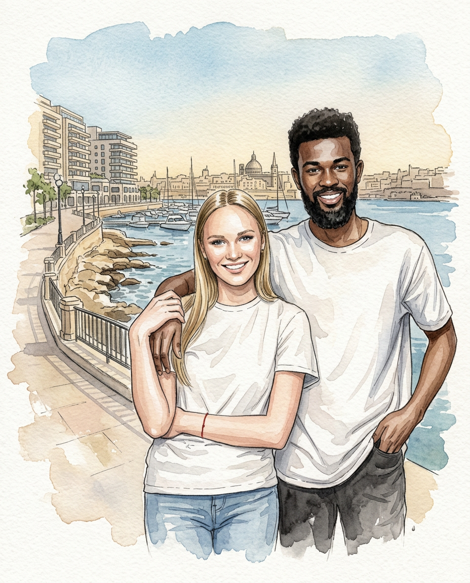 Sliema-Seafront-Elegance Watercolor fashion illustration of a subject standing on the Sliema seafront in Malta, with modern waterfront buildings, rocky shoreline, and soft Mediterranean sea light.