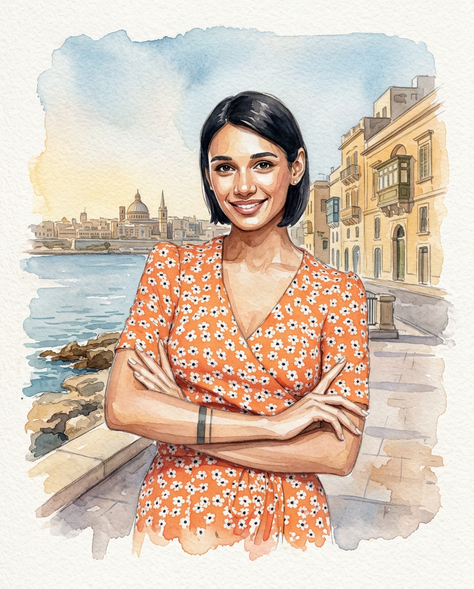Sliema-Coastal-Walk-Portrait Painterly watercolor scene of a subject on Sliema’s promenade, featuring sea views, distant Valletta skyline, and fluid ink-and-wash textures.
