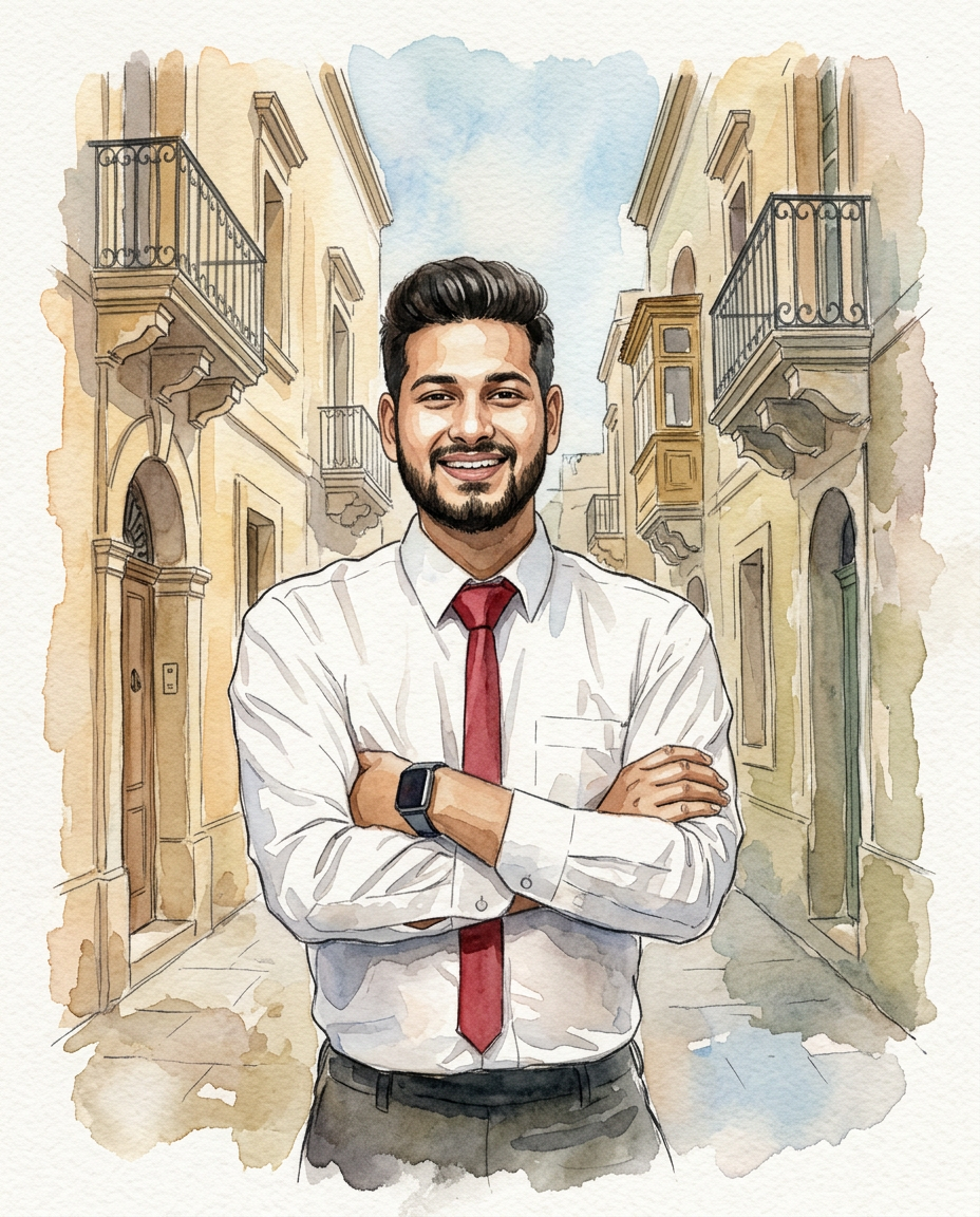 Mdina-Historic-Alley-Portrait Painterly watercolor scene of a subject in Mdina’s narrow stone alleyways, featuring warm limestone architecture, soft ink details, and unfinished paper edges.