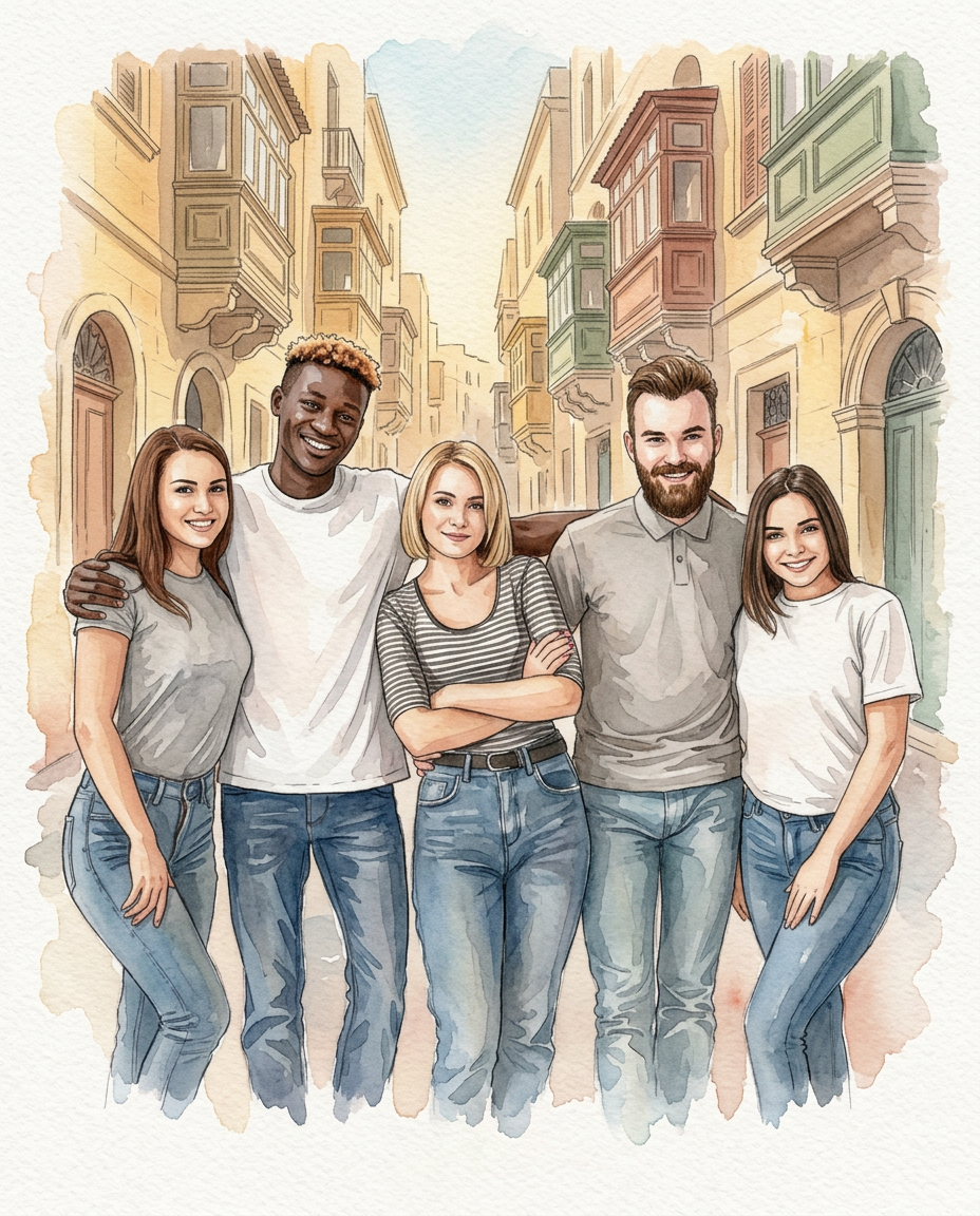Valletta-Golden-Limestone-Elegance Watercolor fashion illustration of a subject standing in Valletta, Malta, surrounded by golden limestone buildings, narrow baroque streets, and soft Mediterranean sunlight.