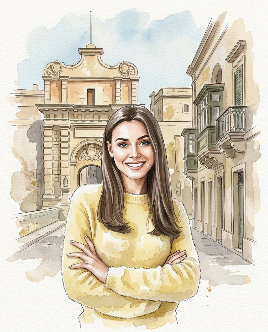 Mdina-Silent-City-Portrait Hand-painted watercolor illustration of a subject posed in front of Mdina’s historic honey-colored stone streets, blended with soft gouache textures and cinematic lighting.