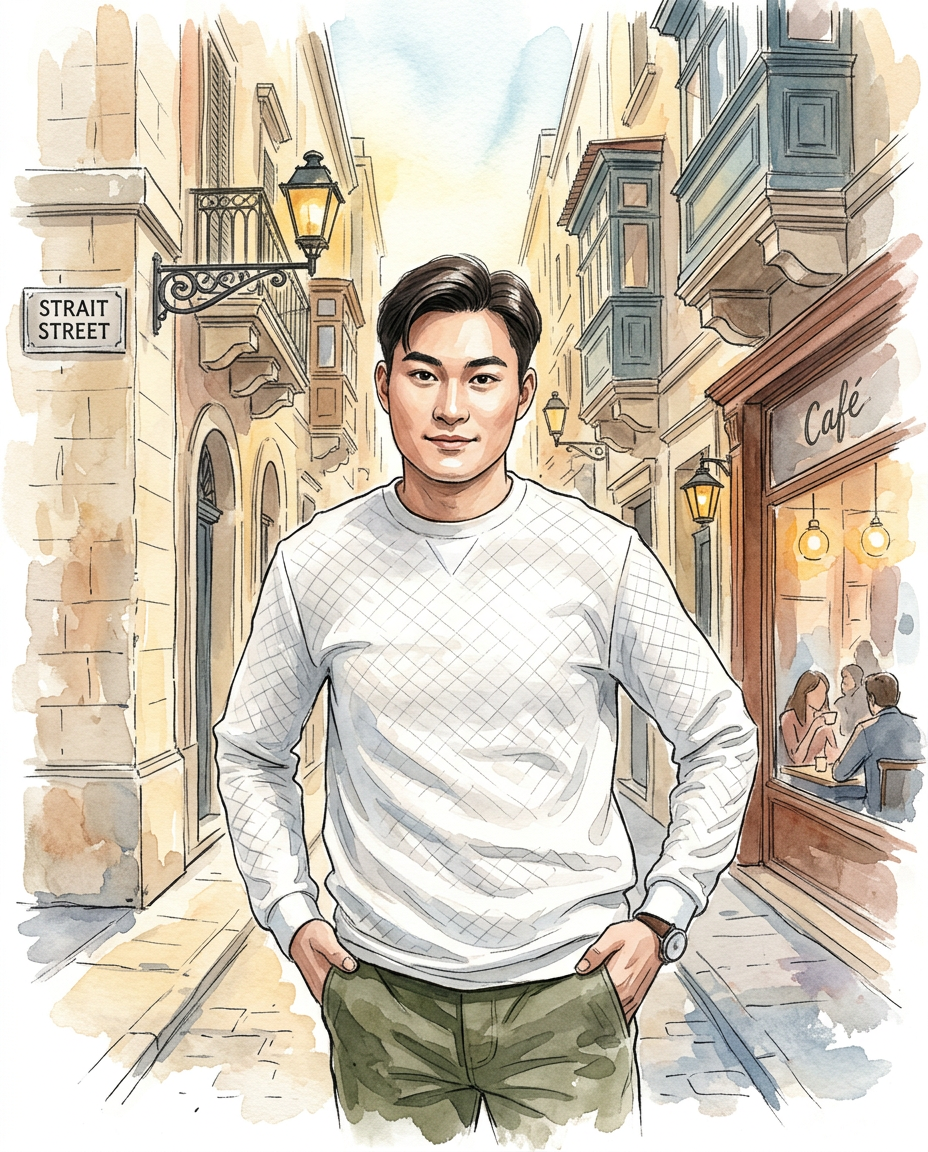 Strait-Street-Mediterranean-Charm Artistic watercolor depiction of a subject in Valletta’s Strait Street, surrounded by narrow historic streets, warm stone architecture, and gentle unfinished edges.