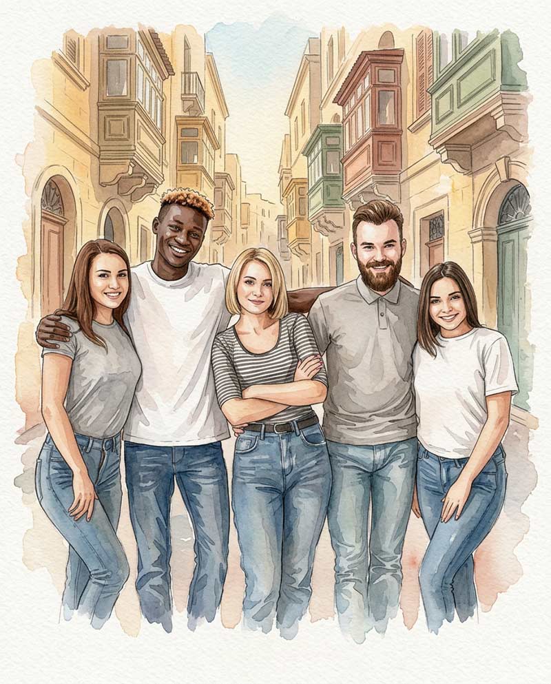 watercolor-ai-photo-booth-malta-group-of-friends-in-the-streets Watercolor fashion illustration of a group of friends standing in Malta, surrounded by golden limestone buildings, narrow baroque streets, and soft Mediterranean sunlight.