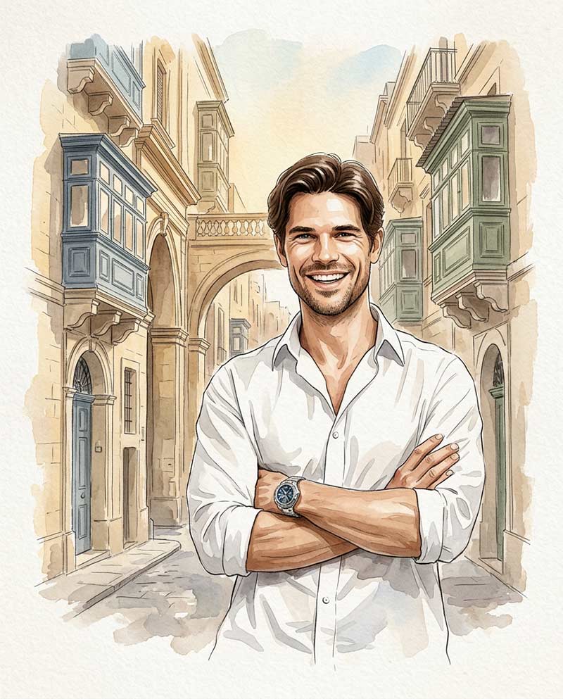 watercolor-ai-photo-booth-malta-man-walking-historic-streets Watercolor fashion illustration of a subject standing in Valletta’s streets, with soft Mediterranean light and painterly unfinished paper edges.