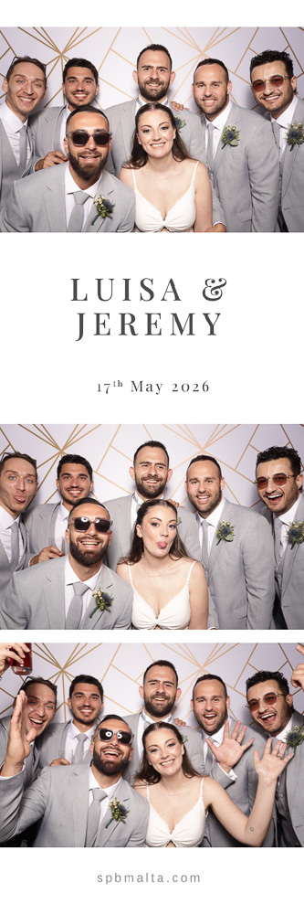 wedding-photo-booth-malta-bride-groom-and-groomsman-photo-strip Bride and groom smiling together with wedding guests in a fun photo booth strip.