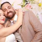 Bride Elysia and groom Stefan posing together at their Valletta waterfront wedding venue.