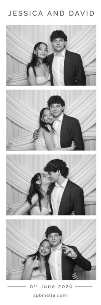jessica & david-03 Wedding guests posing against a white backdrop in a black and white photo booth strip during a reception at The Phoenicia Malta.