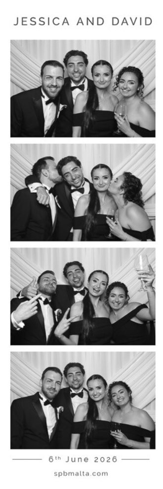 jessica & david-04 Group of friends posing with funny faces against a white wedding backdrop in a black and white photo booth print.