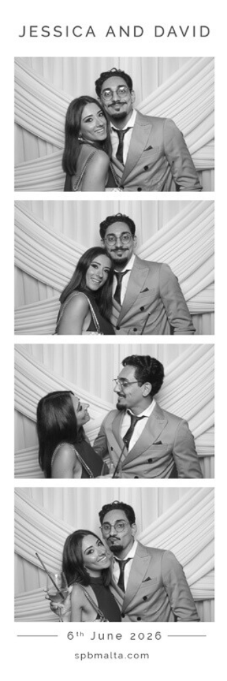 jessica & david-09 Wedding guests smiling together in front of a white background in a high-energy photo booth strip at a Valletta wedding reception.