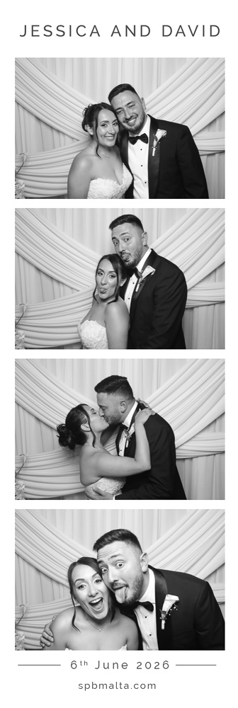 wedding-photo-booth-malta-bride-and-groom-photo-strip Black and white photo booth strip of the bride and groom smiling and posing together in front of a white fabric backdrop at their Phoenicia Hotel Malta wedding.