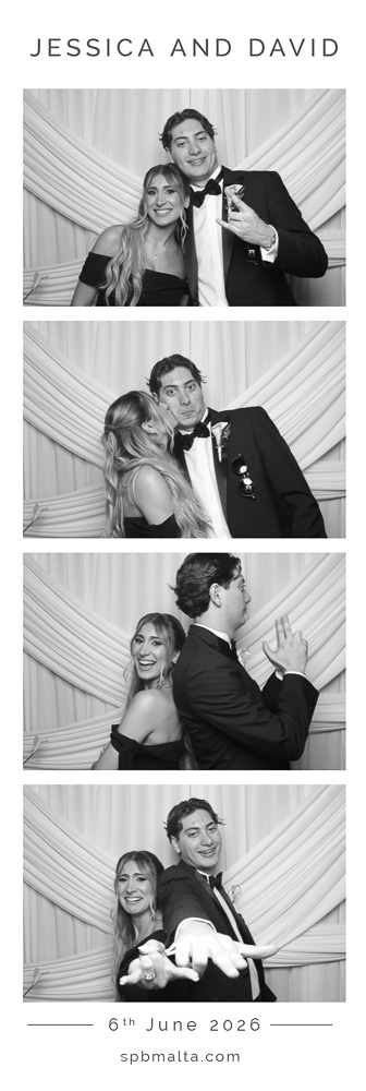 wedding-photo-booth-malta-couple-photo-strip-1 Happy couple sharing a sweet moment against a white fabric backdrop in a custom wedding photo booth at The Phoenicia Hotel Malta.