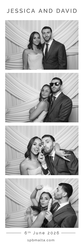 wedding-photo-booth-malta-couple-photo-strip-2 Wedding guests posing against a white backdrop in a black and white photo booth strip during a reception at The Phoenicia Malta.
