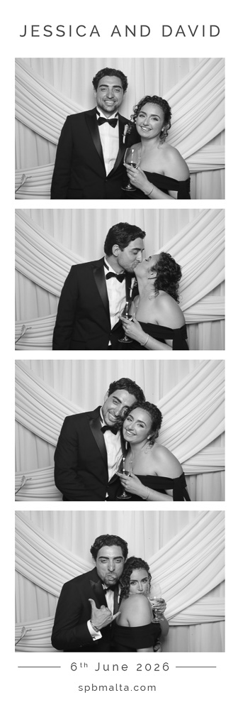 wedding-photo-booth-malta-couple-photo-strip-3 A romantic couple smiling for a black and white photo booth print in front of a draped white background at a luxury Malta wedding.