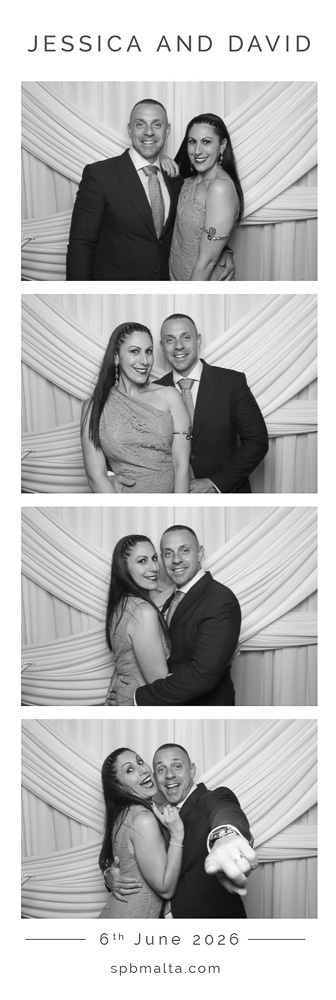 wedding-photo-booth-malta-couple-photo-strip-4 A couple posing for a black and white photo booth print in front of a draped white background at a luxury Malta wedding.