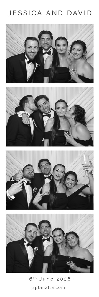 wedding-photo-booth-malta-four-friends-photo-strip Group of friends posing with funny faces against a white wedding backdrop in a black and white photo booth print.