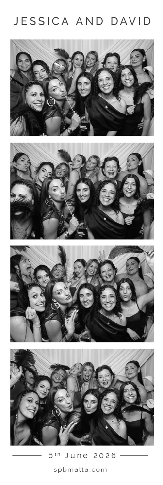 wedding-photo-booth-malta-large-group-of-friends-photo-strip-1 Large group of friends posing against a white wedding backdrop in a black and white photo booth print.