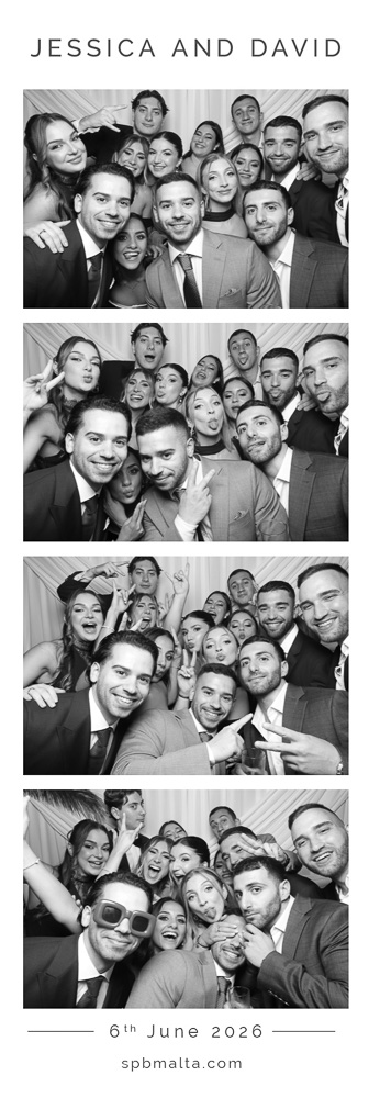wedding-photo-booth-malta-large-group-of-friends-photo-strip-2 Large group of friends posing against a white wedding backdrop in a black and white photo booth print.