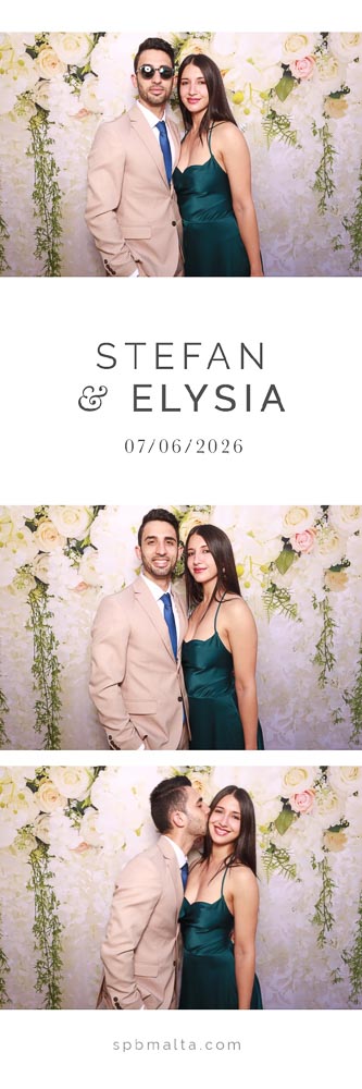 wedding-photo-booth-malta-couple-photo-strip-4 A wedding guest couple wearing sunglasses and kissing in front of a floral backdrop.