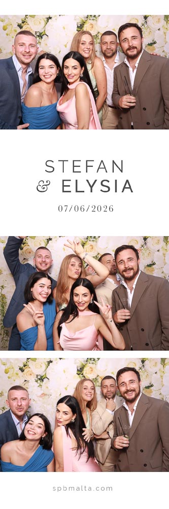 wedding-photo-booth-malta-group-of-friends-photo-strip-2 Friends smiling and making peace signs in front of a white and pink floral wedding backdrop.