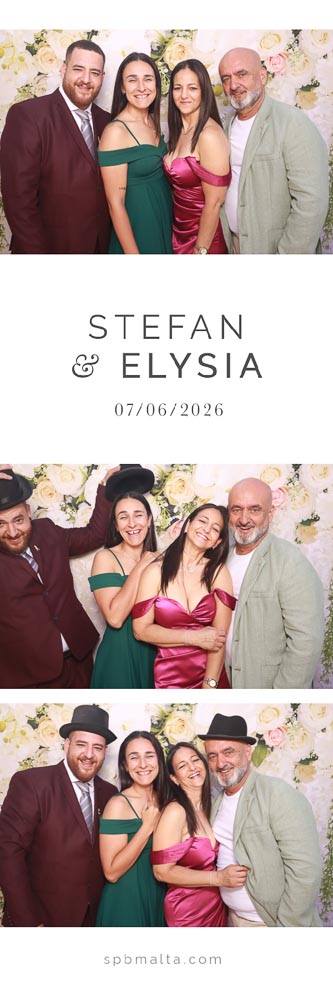 wedding-photo-booth-malta-group-of-friends-photo-strip-3 Friends smiling and posing in front of a white and pink floral wedding backdrop.