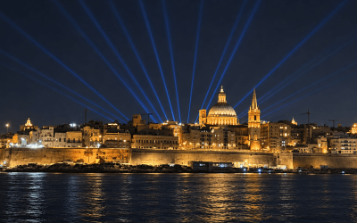 Blog Hero Valletta waterfront at night illuminated by golden lights and blue searchlights across the sky.